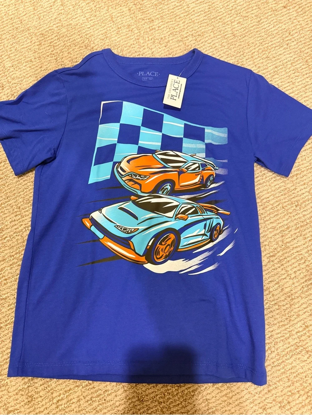 The Children's Place Blue Tee with Orange & Light Blue Race Cars